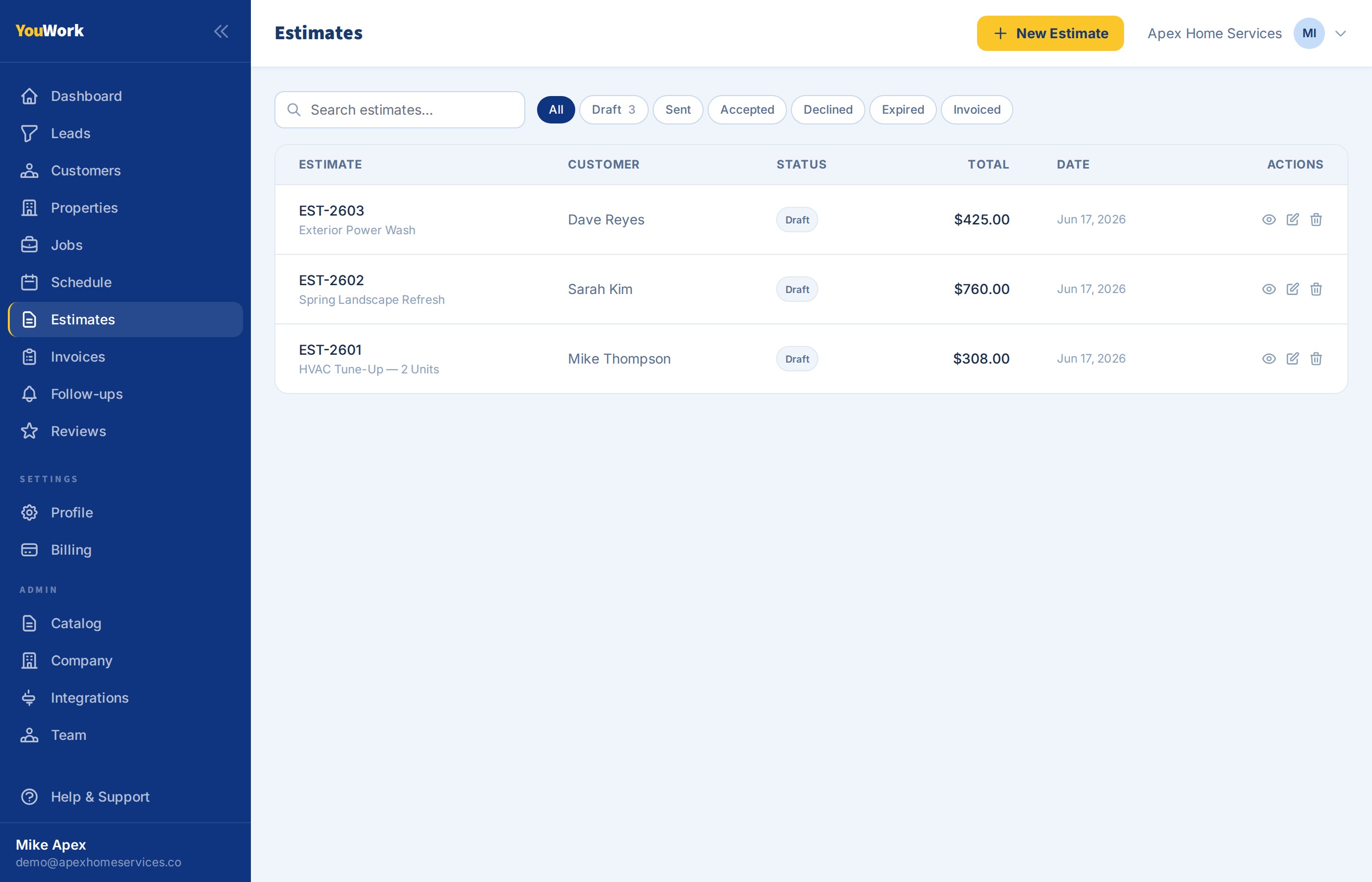 YouWork estimates page showing 3 estimates with dollar totals and statuses