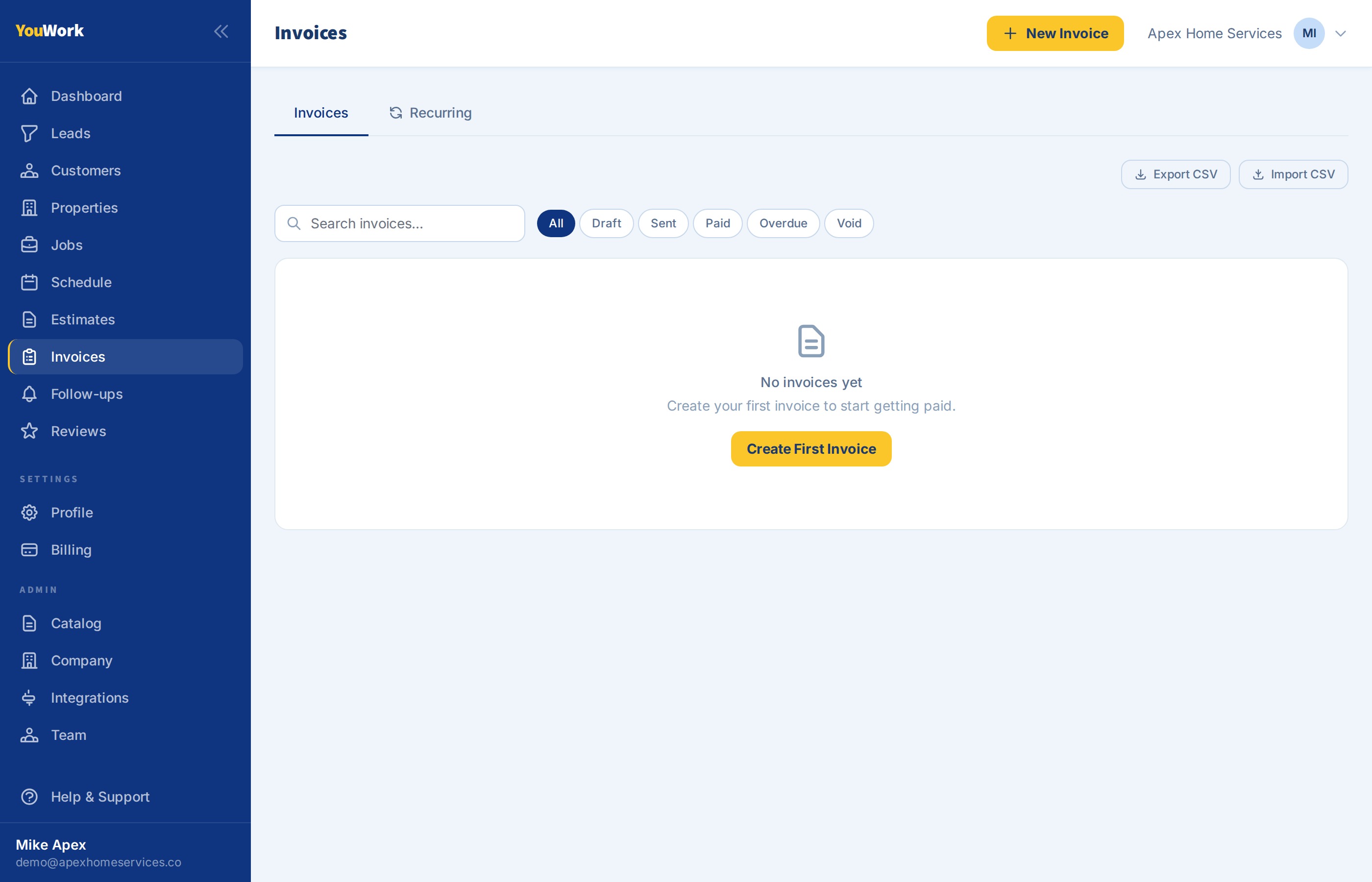 YouWork invoices and payments page showing invoice list with payment status indicators
