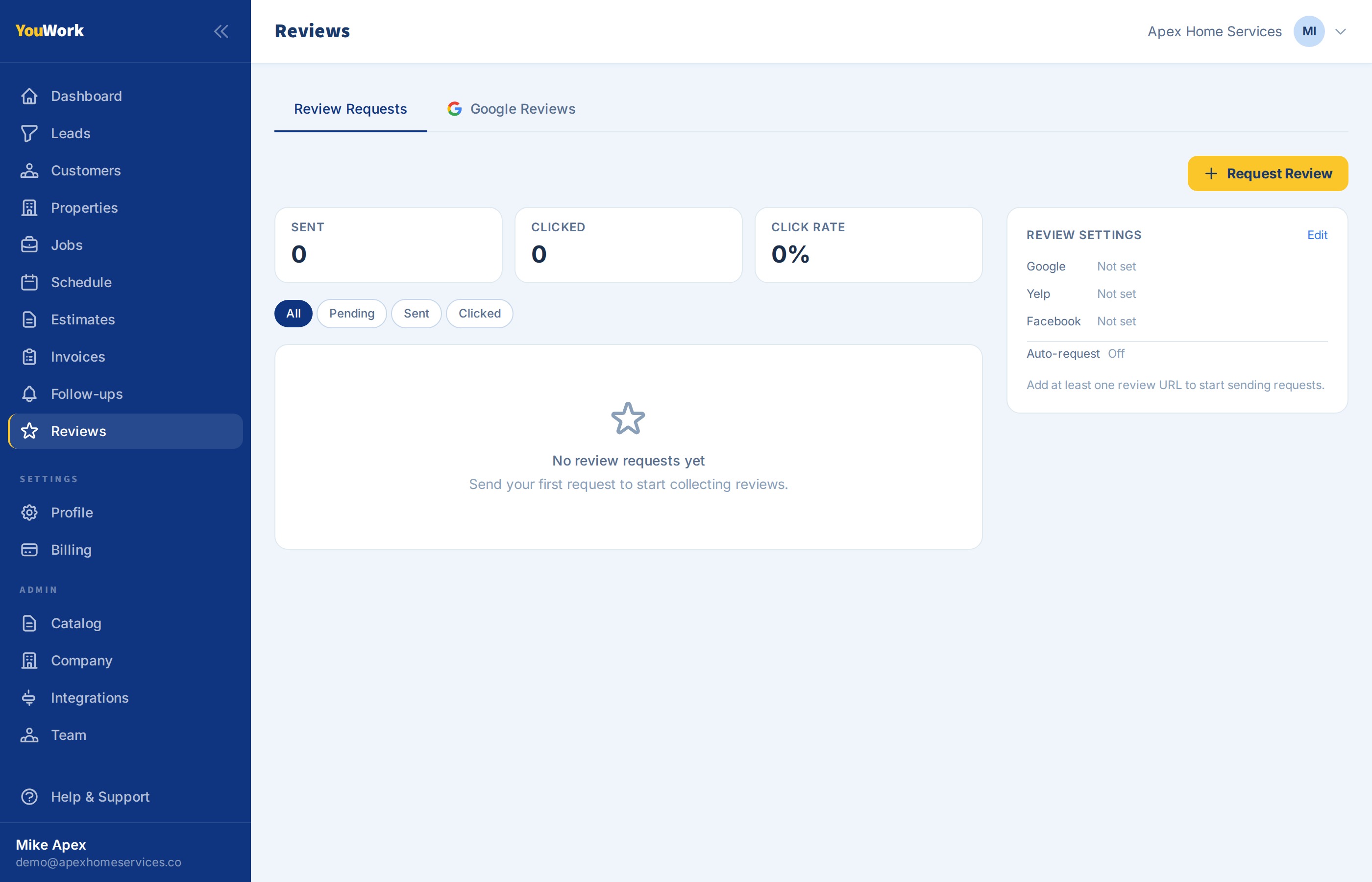 YouWork reviews page showing review request stats and customer review cards