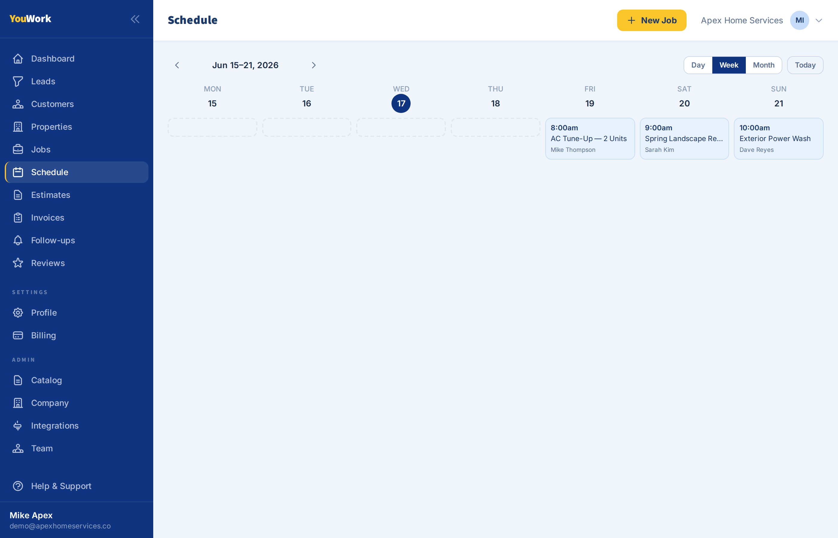 YouWork scheduling calendar showing jobs booked across the week