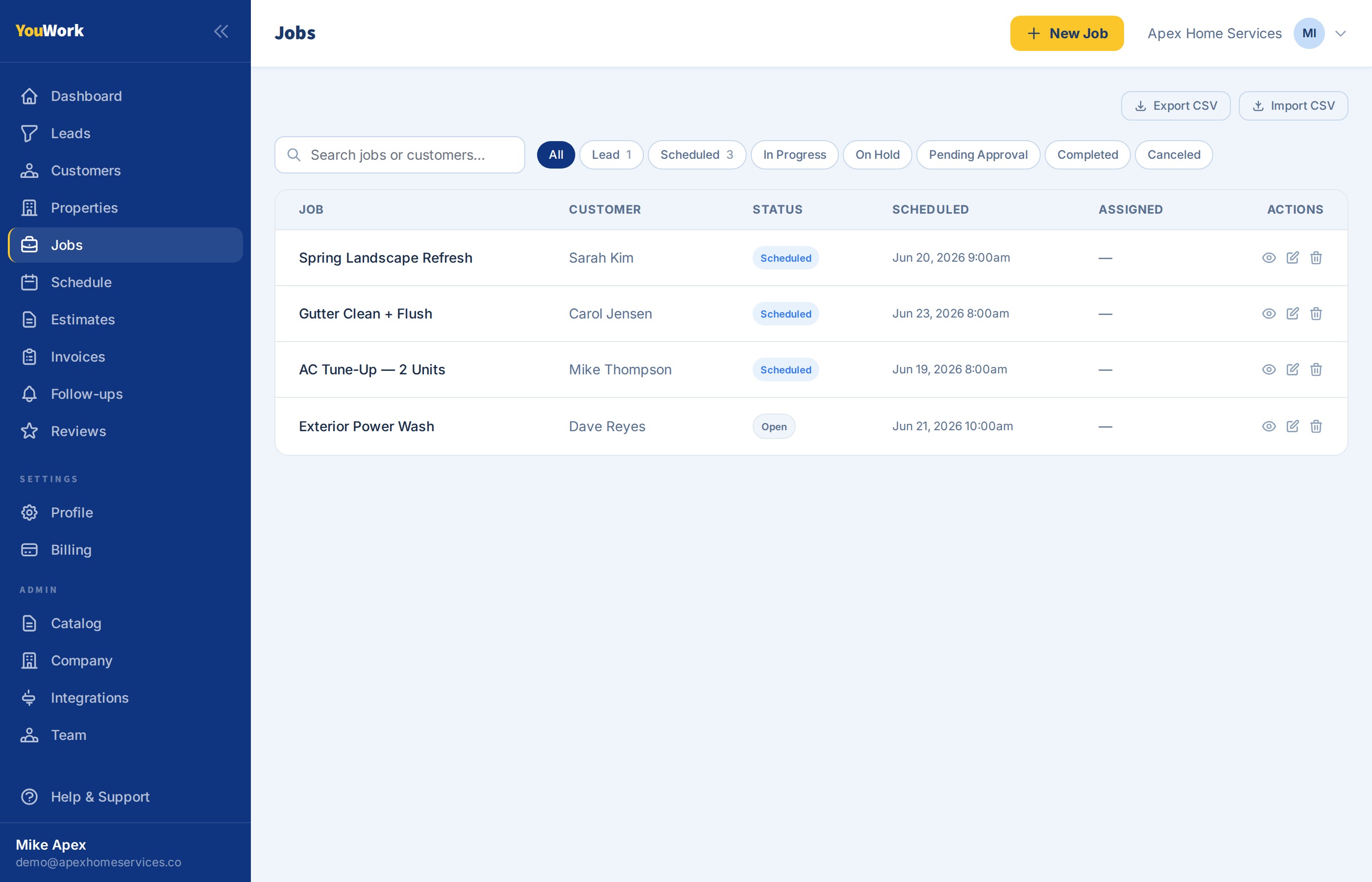 YouWork jobs dashboard showing scheduled jobs and crew assignments